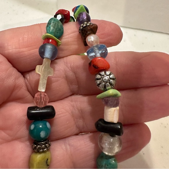 Multi-color Genuine Gemstone & Glass Bead Necklace w/ sterling silver cross .925 - Picture 7 of 10